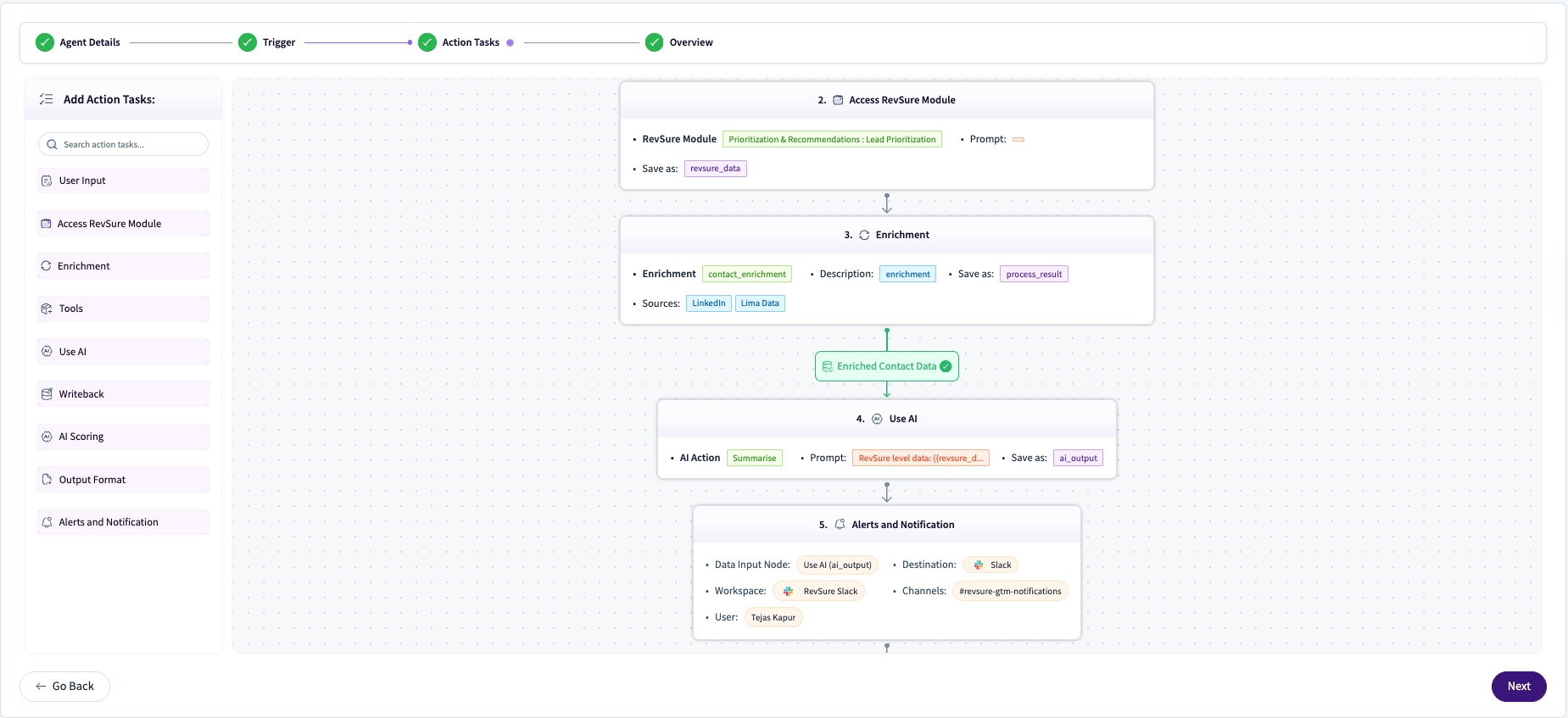 Workflow diagram illustrating action tasks for accessing RevSure module and data enrichment.